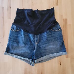 Liz Lange Maternity Size Large Midi Full Panel Cuffed Stretch Jean Shorts